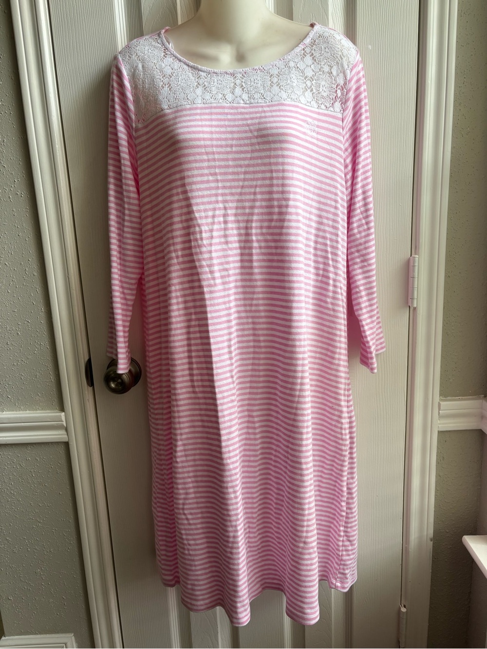 Lauren Ralph Lauren Pink and White Striped Lace-Trim Nightgown